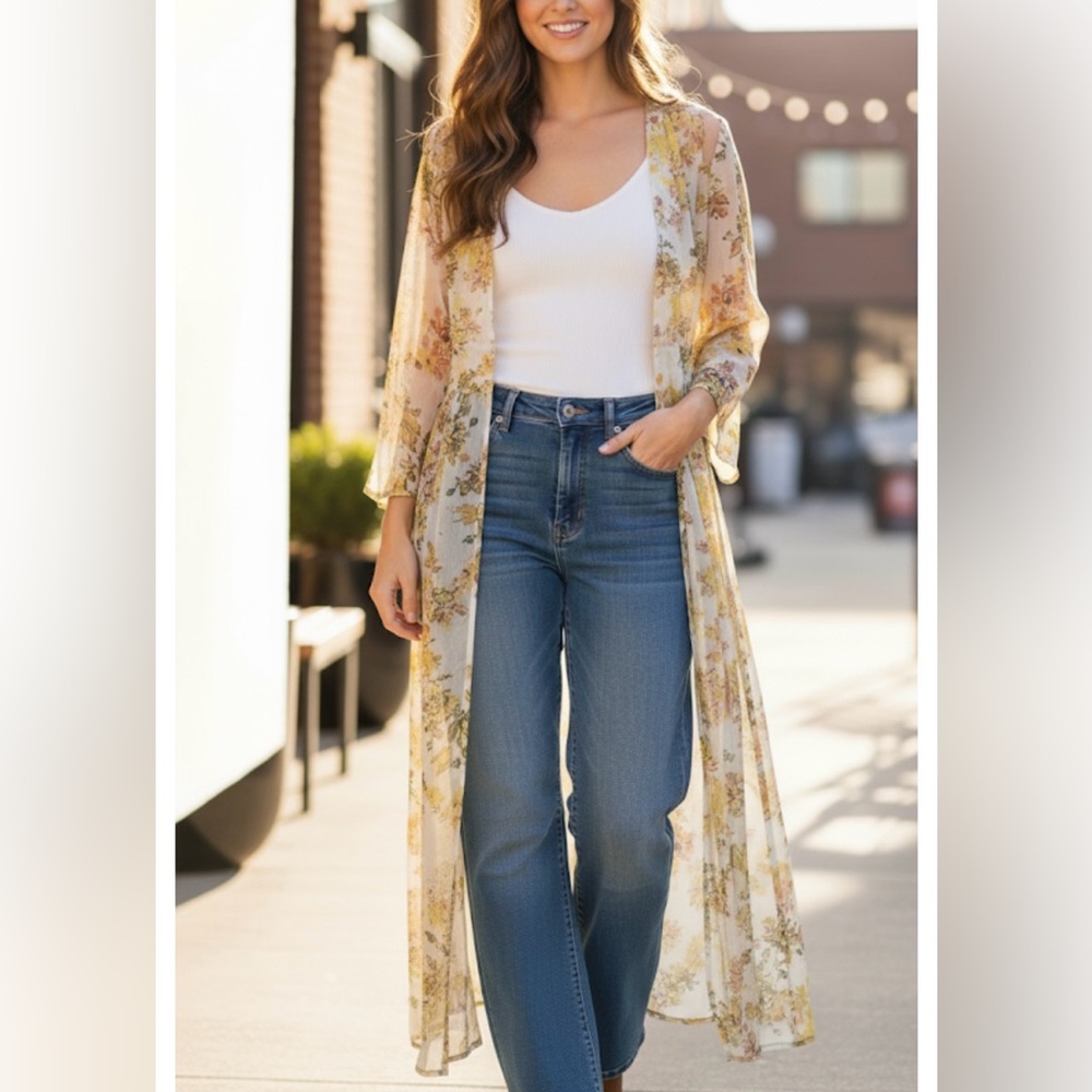 Kori bohemian floral long sleeve duster retro hippie feminine large